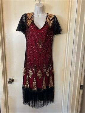 Fundaisy Red and Black Art Deco Flapper Dress with Gold Sequins and Fringe L